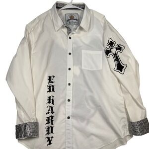 Ed Hardy Button Down Shirt XXL Winged Cross Tattoo Graphic White
